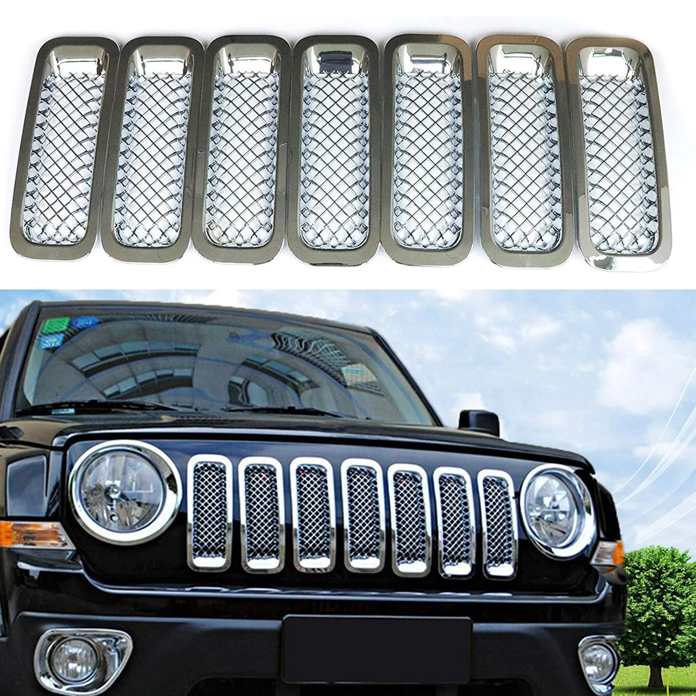 

For Jeep Patriot 2011 2012 2013 2014-2016 Front Bumper Racing Grille Insert Trims Ring Cover Vent Hole Frame Garnish Surrounding