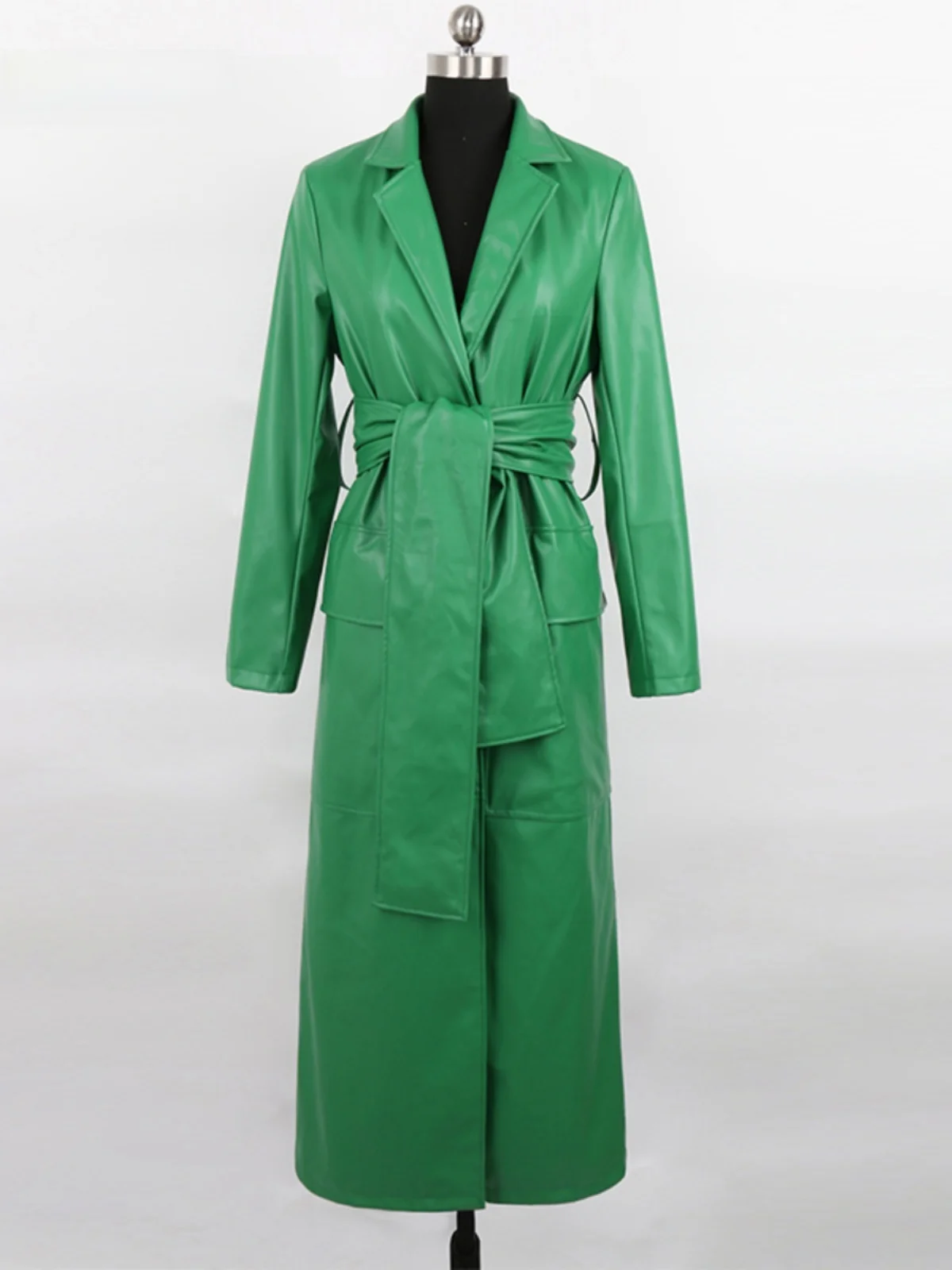 Nerazzurri Women's Long PU Leather Jacket Green Belted Single Button Coat with Large Pockets Commute Style Fashion Outerwear