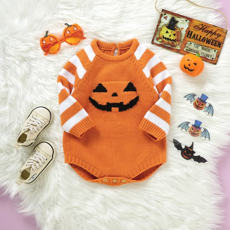 2023-06-24 Lioraitiin 0-18M Baby Boy Girl Sweater Halloween Bodysuit Striped Long Sleeve Round Neck Pumpkin Face Print Jumpsuit