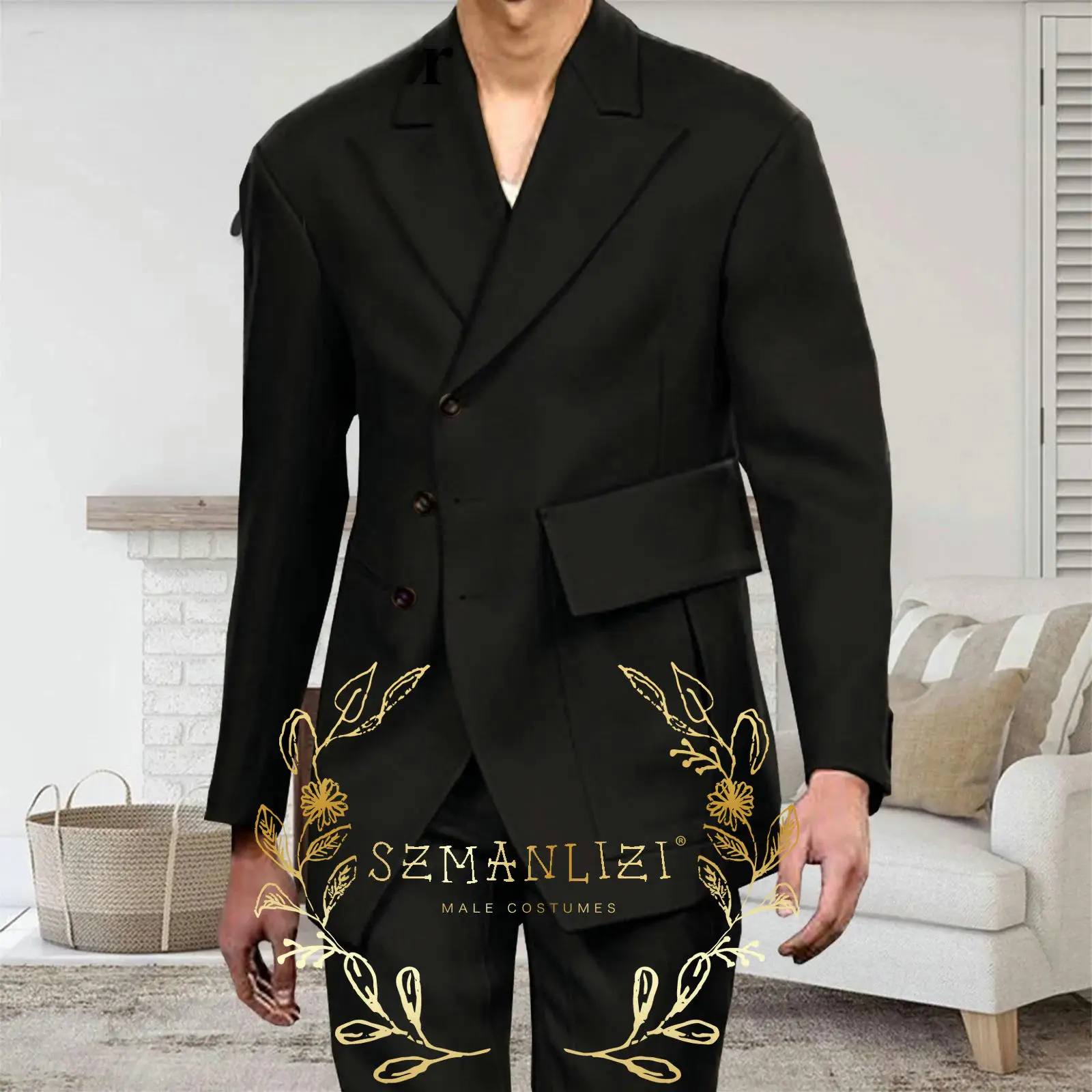 

Black Double Breasted Groomsmen Peaked Lapel Groom Tuxedos Men Suits Wedding Best Man Blazer (Jacket+Pants) Costume Homme