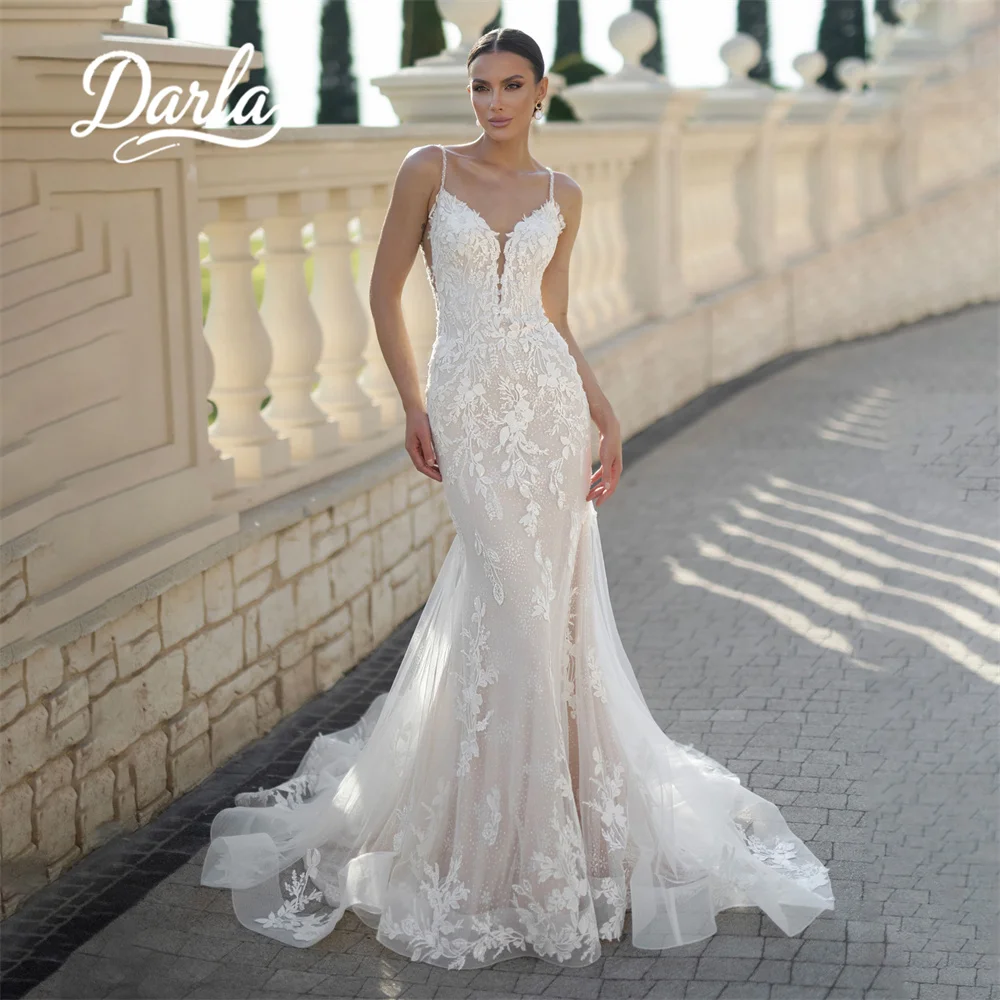 

Darla Customized Lace Mermaid Wedding Dress Appliques Sweep Train Spaghetti Strap Backless V-Neck Embroidery Sequin Tulle 2025