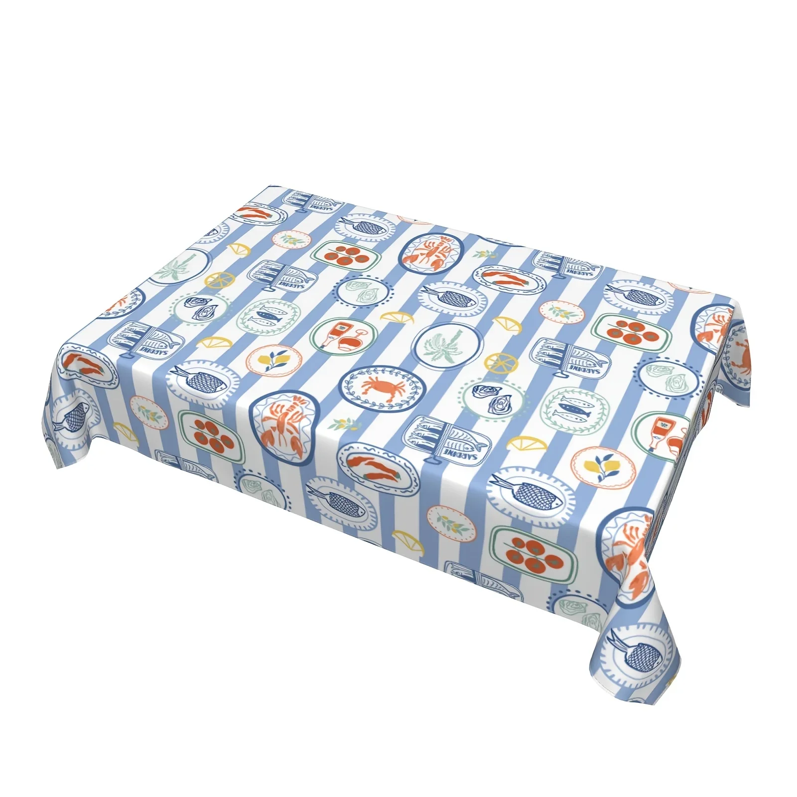 Coastal seafood dinner plate printed tablecloth, blue and white striped Italian kitchen style dining tableclothxzj