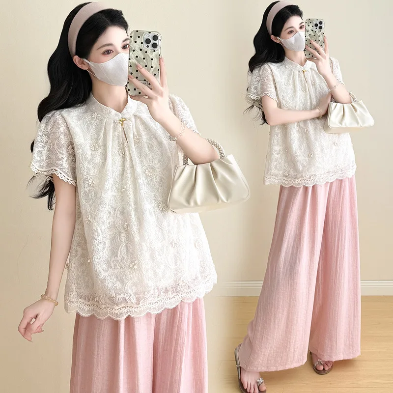 

2025 Modern Chinese Style Pregnancy Set Summer Lace Trim Blouse Two Piece Outfit Elegant Comfortable Chic Maternity Wear
