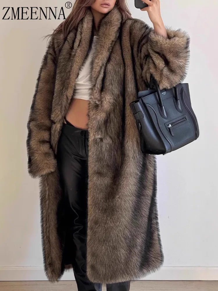 

ZMEENNA женское длинное пальто из искусственного меха, лохматый пушистый верхняя одежда, оверсайз, с зубчатыми лацканами и открытой передней частью, теплая зимняя коричневая ZM4482