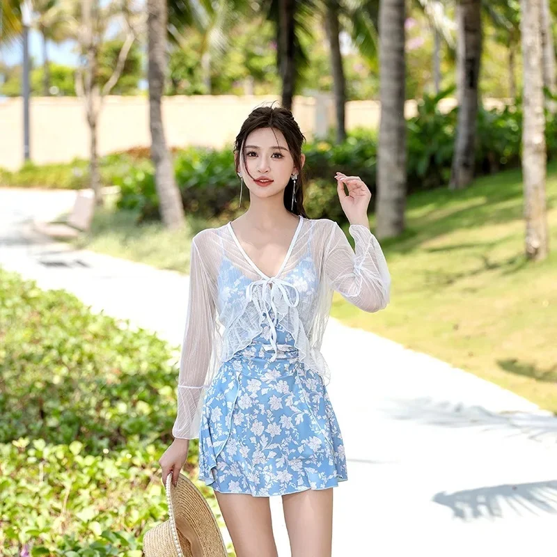 

Floral Print Swimwear Women 2024 Sexy One Piece Swimsuit Dress with White Cover Up Bathing Suit Korean Summer Beach Monokini