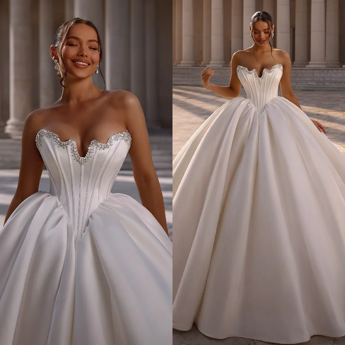 Classic Ball Gown Wedding Dress Strapless Sleeveless Bridal Gowns Solid Color Crystal Sweep Train Dresses Custom Made vestidos