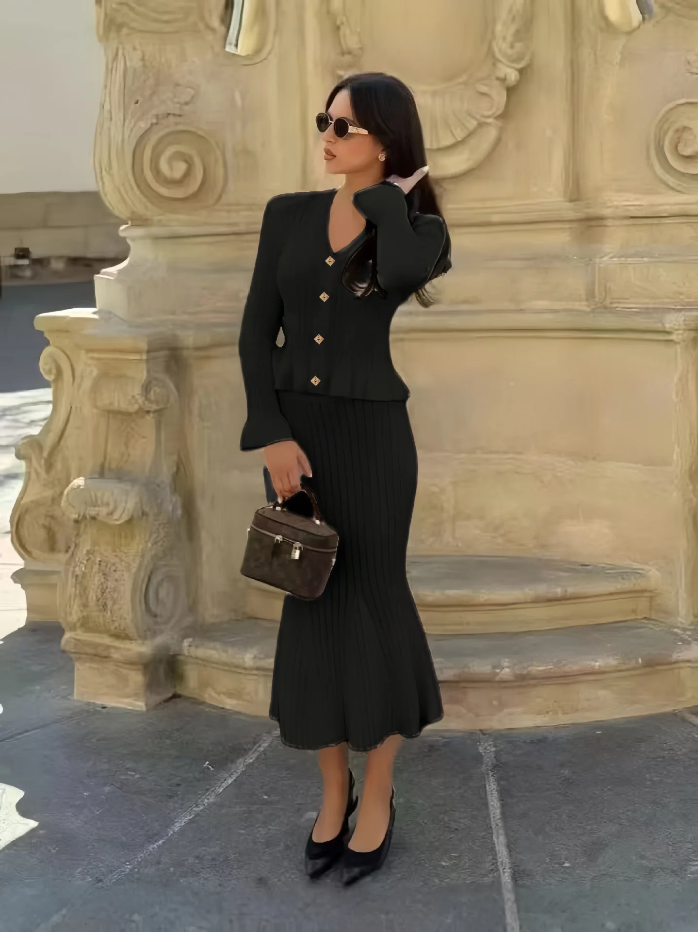 Women's French Style V-Neck Ruffle Trim Long Sleeve Cardigan & Stretchy Knit Bodycon Fishtail Ropa Mujer