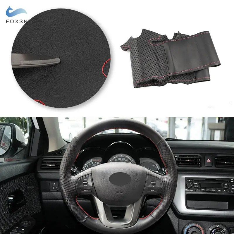 Hand Sewing Microfiber Perforated Leather Car Steering Wheel Cover Trim with Needles Threads For Kia K2 Rio 2011 2012 2013 2014