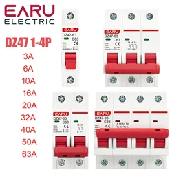 DZ47 1-4 Pole 3A 6A 10A 16A 20A 32A 40A 50A 63A 400V C Type Mini Circuit Breaker MCB 35mm Din Rail Mount Breaking Capacity 6KA