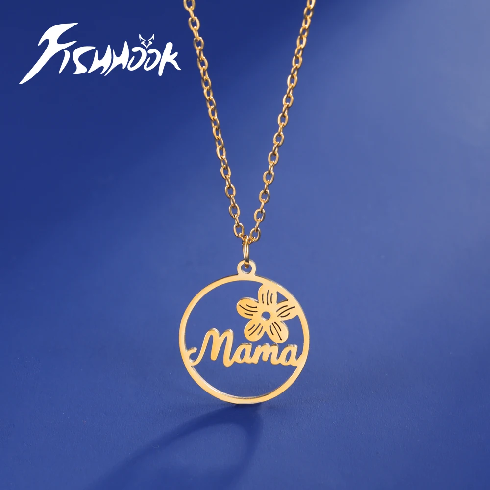 Fishhook Mother Kid Necklace Flower Mom Link Chain Family Child Gift For Woman Man Stainless Steel Gold Color Pendant Jewelry