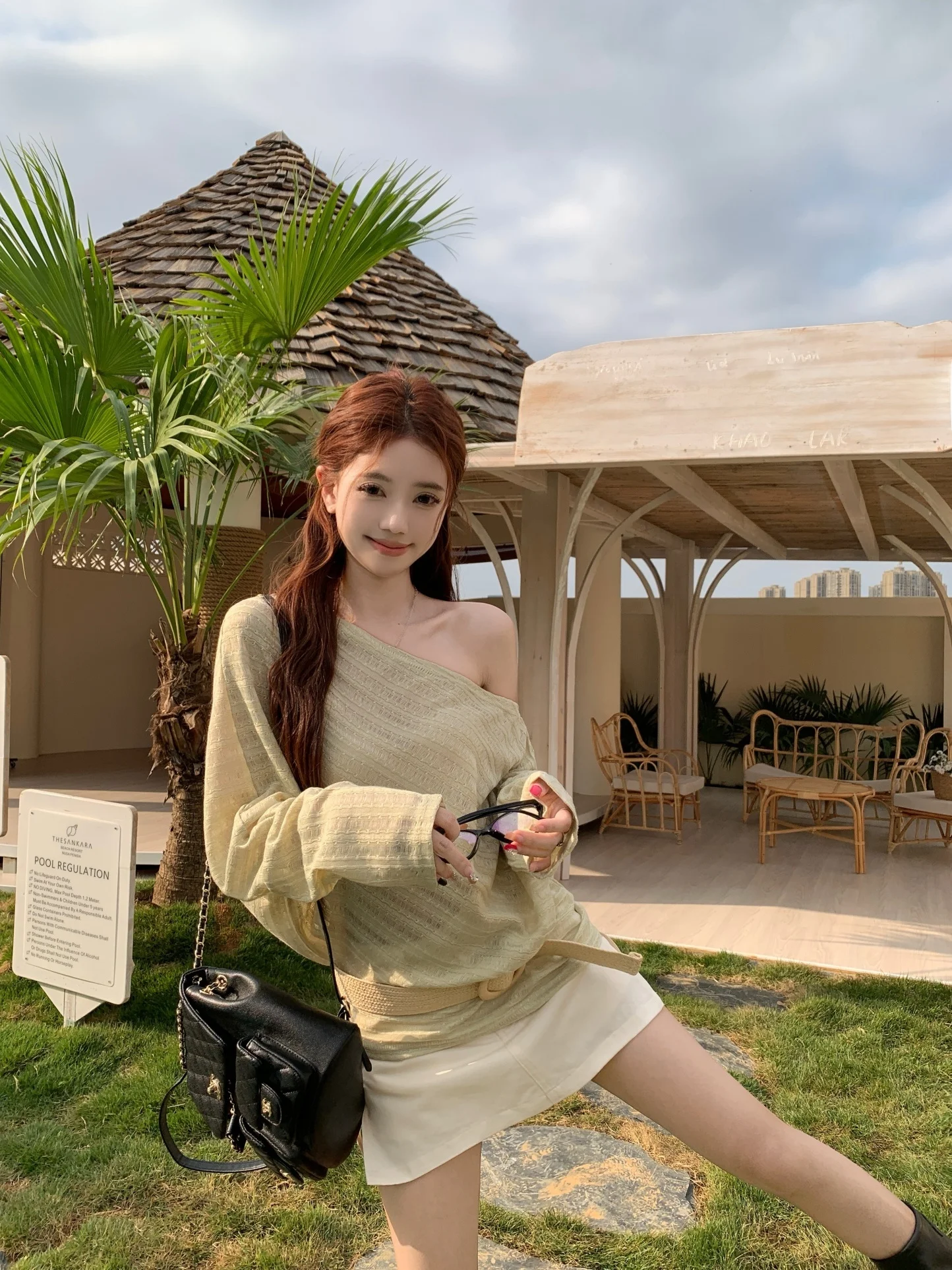 

Kumikumi Women's Slim Fit Long Sleeve Knitted Sweater Green Shoulder Baring Soft Style Chic Versatile Early Spring Fashion