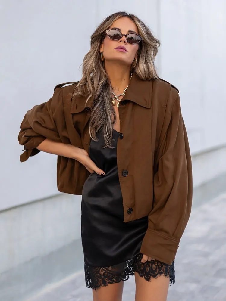 

HH Women Elegant Brown Lapel Coats Single Breasted Long Sleeve Jacket 2025 Autumn Winter Loose Casual Coats Female Outwear