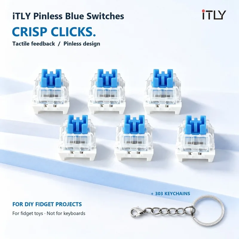 Pinless Blue Clicky Fidget Switch No Feet Stress Relief Clicker Toy with 303 Lobster Clasps ASMR DIY Keychain Making Gadget