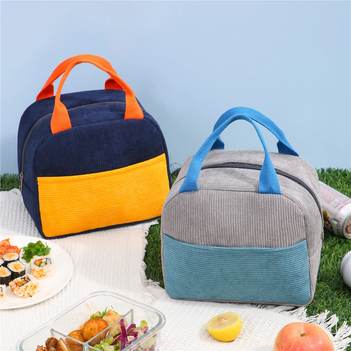 Gena New Corduroy Insulated Bag, Color-blocked, Thickened, Waterproof, Handheld Lunch Bag, Cooler Bag, Lunch Box Bag