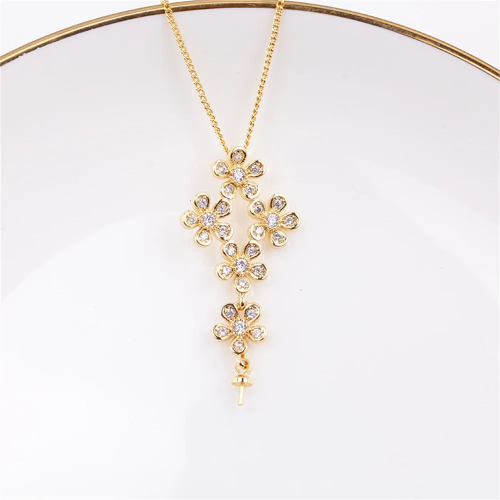 Domestic 14k Gold Plated Color Retention Small Flower Inlaid with Zircon Pearl Pendant Necklace DIY Accessories for Women