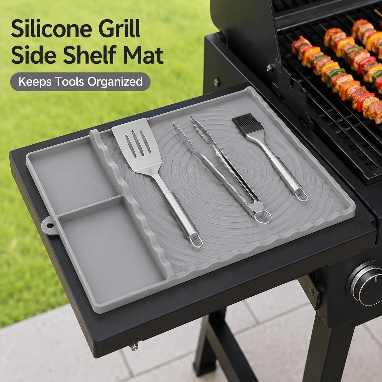 Silicone BBQ Grill Mat Side Shelf Protective Tray Non Slip Utensil Rest Oil Catcher Pad Dishwasher Safe for Camping Griddle