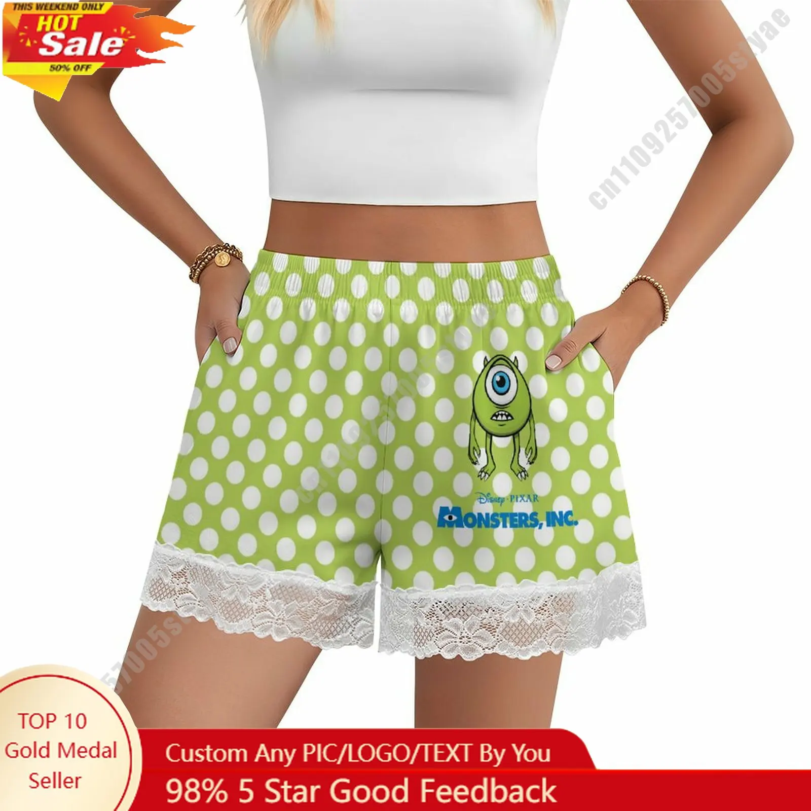 

Mike Wazowski Short Pajama Pants Disney Cartoon Women Summer Lace Trim Thin Panties Custom Loose Home Casual Shorts