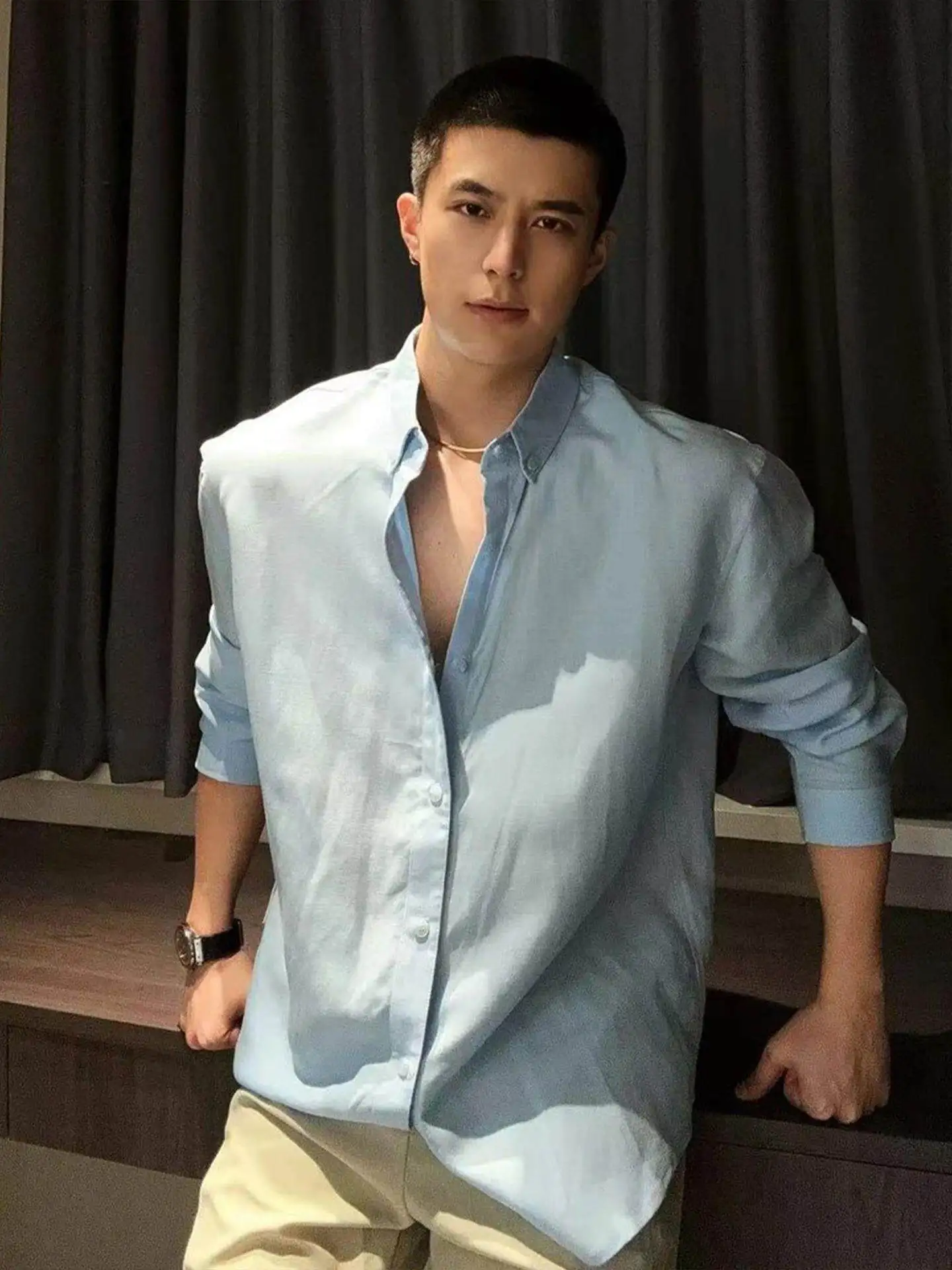 Light Blue Linen Cotton Shirt Men's Summer Thin Long Sleeve  Neck Sunscreen Outerwear CleanFit Standard Style Citywalk