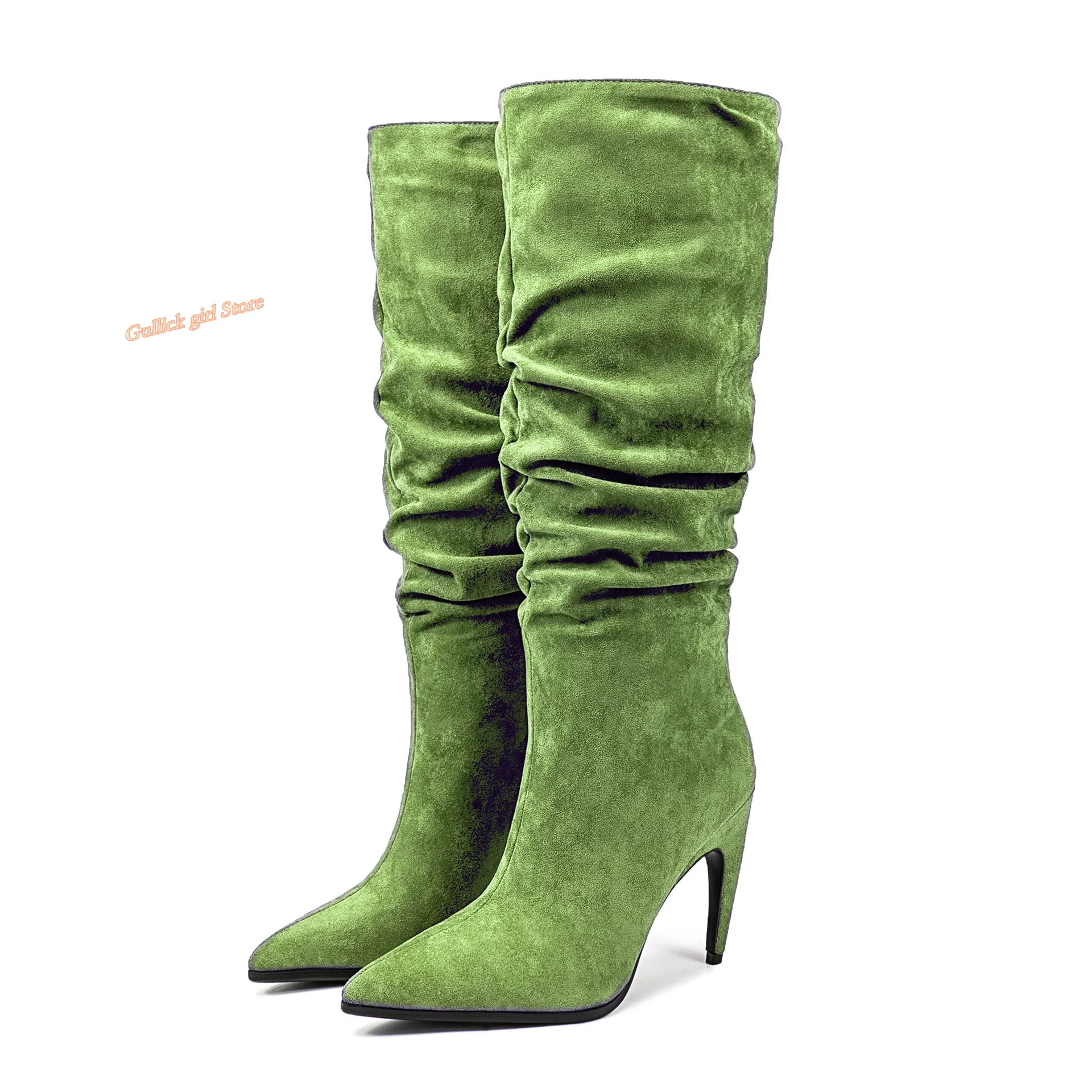 Botas Altas Plisadas con Tacón de Aguja, Estilo Slip-On, para Pasarela, Invierno 2026, Otoño, Zapatos de Vestir para Mujer, Punta en Pico, Gamuza, Hechas a Mano