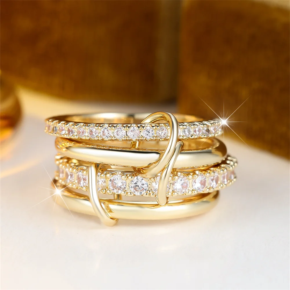 Luxury Crystal Round Stone Ring Sets For Women 4pcs/set Trendy Gold Color Engagement Rings Wedding Jewelry Bridal Versatile Gift