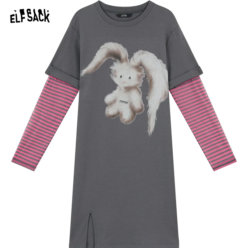 Elfsack-vestido feminino com camiseta estampada de dois coelhos, solto, emagrecedor, novo, primavera, 2022