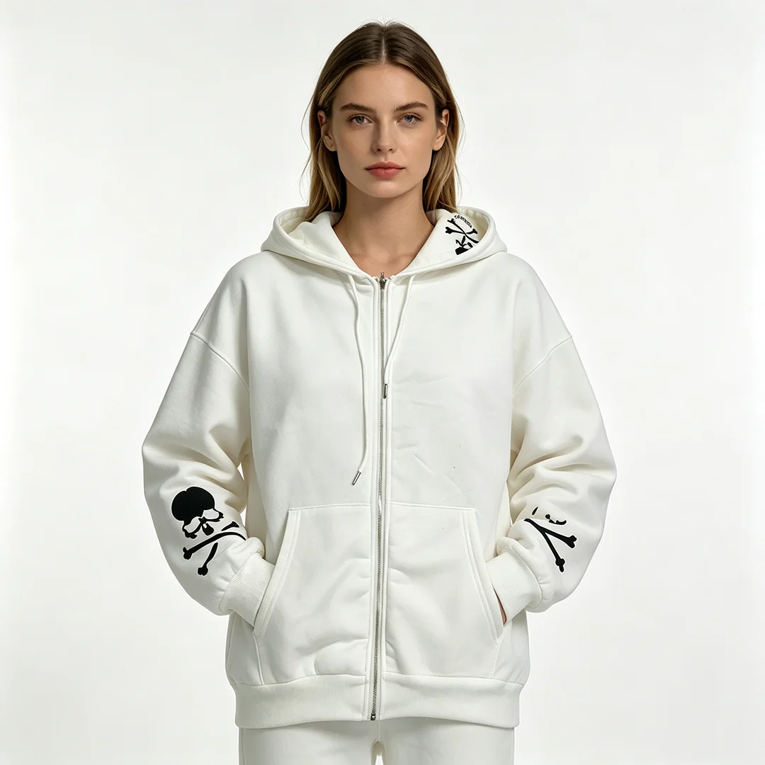 Hoodie with zipper print pattern and punk dark streetwear, paired with hip-hop hoodie