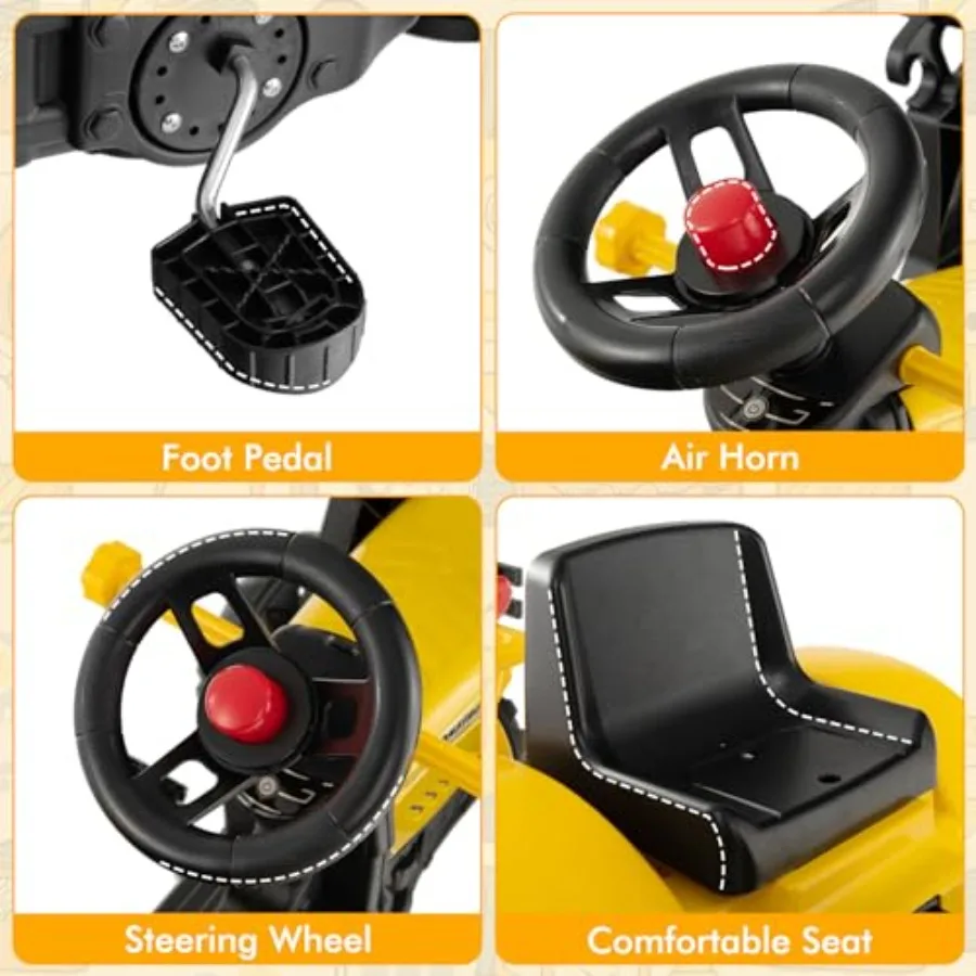 手動制御のバケット、取り外し可能な貨物トレーラー、シャベル、レーキ、6輪、ホーン付きの掘削機ペダルディガーカーブルドーザーに乗ってください。