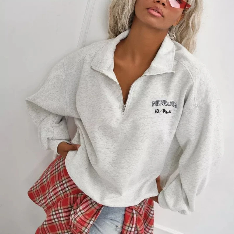 ยุโรปอเมริกาวิทยาลัยผู้หญิงเสื้อเรโทรเปิดซิปปกเปิดปกเสื้อสีเทาแขนยาวฤดูใบไม้ร่วงหลวม Y2K