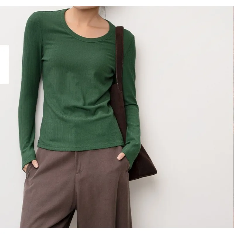 

French Pit Strip Round Neck Basic Knitted Bottoming Shirt New Slim-fitting and Comfortable Simple Style Women's Clothing