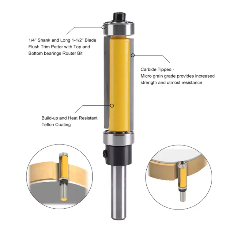 Flush Trim Router Bit with Top and Bottom Bearing 1‑1/2inch H * 1/4inch Shank Woodworking Tool