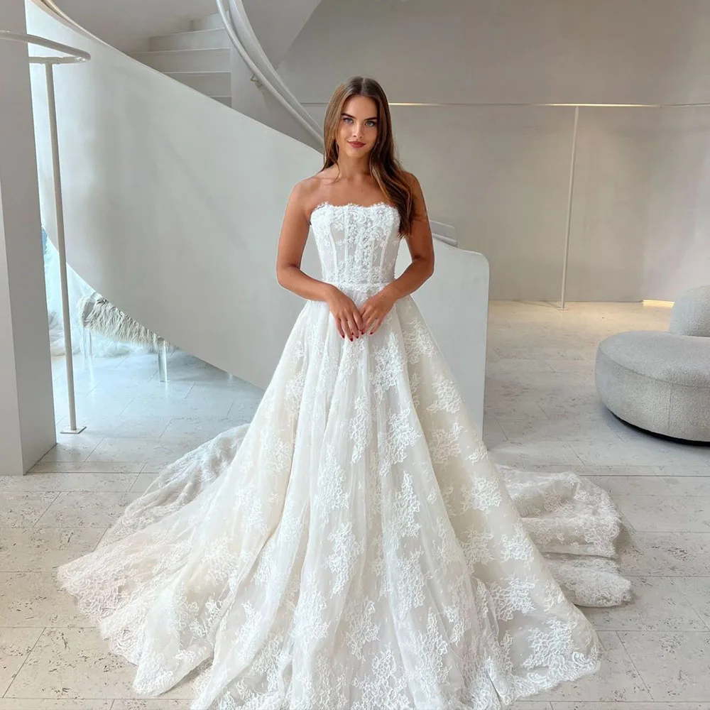 Mophiel Ivory Lace Wedding Dress Appliques Sleeveless A-line Button Back Vestidos De Novia Chapel Train Bridal Dress Customized