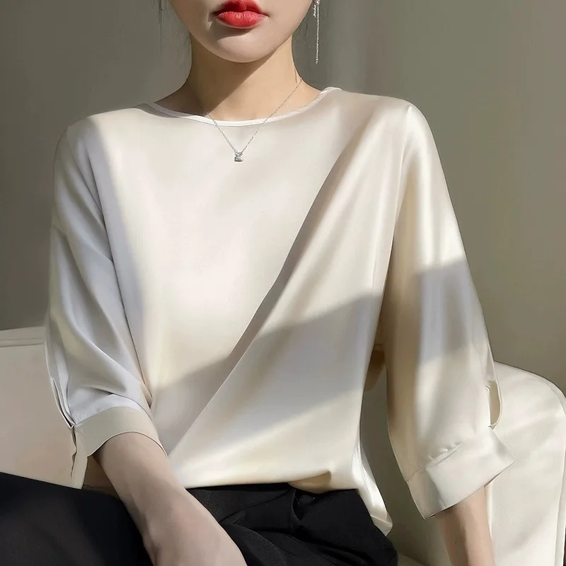 เสื้อไหมซาตินผสมอะซิเตท ทรงกลม แขนทรงปีกค้างคาว สีพื้น สำหรับผู้หญิง สไตล์ลำลอง เหมาะสำหรับใส่ไปทำงาน