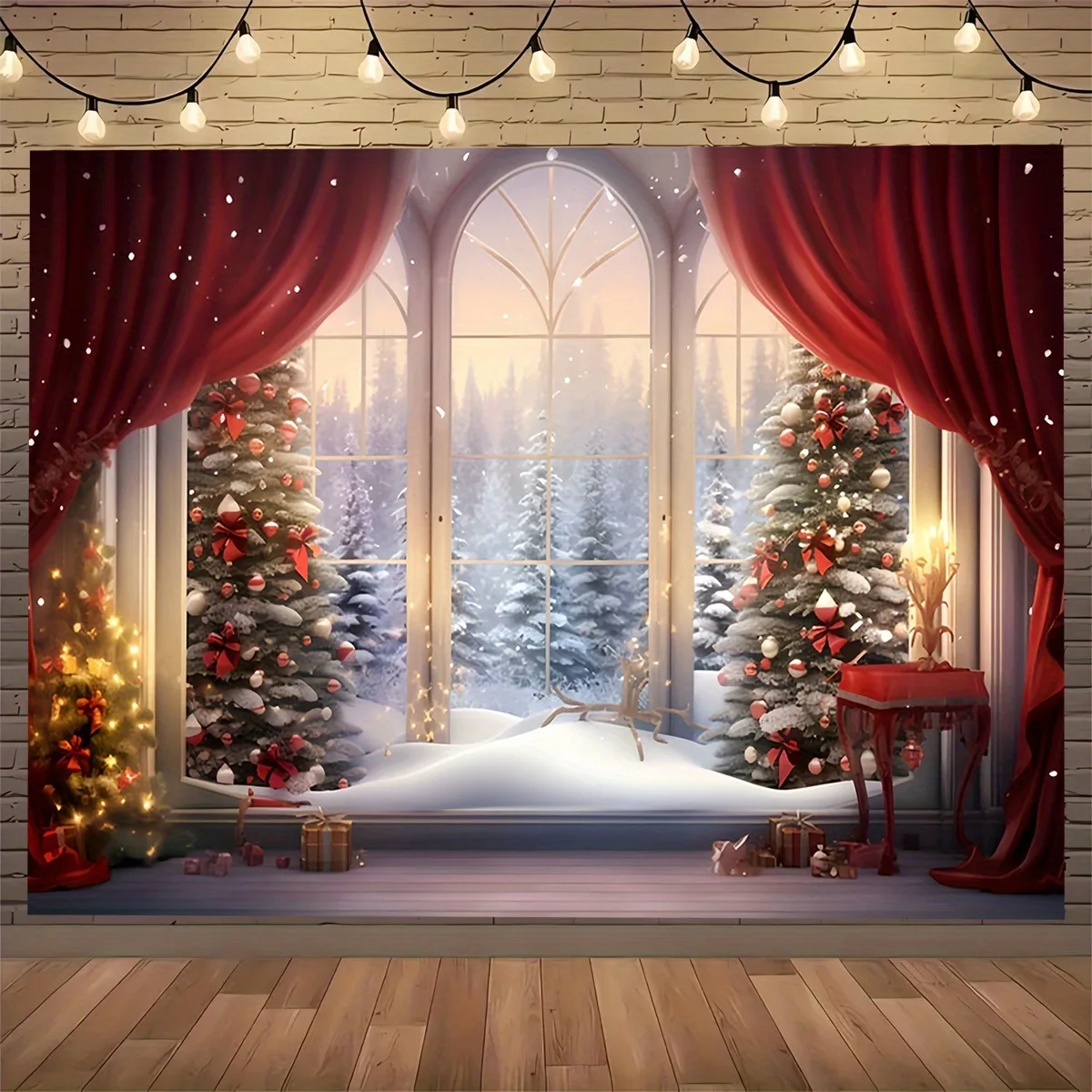 Christmas Day party decoration background cloth outside the window Christmas tree snow scene tapestry suitable for home outdoor