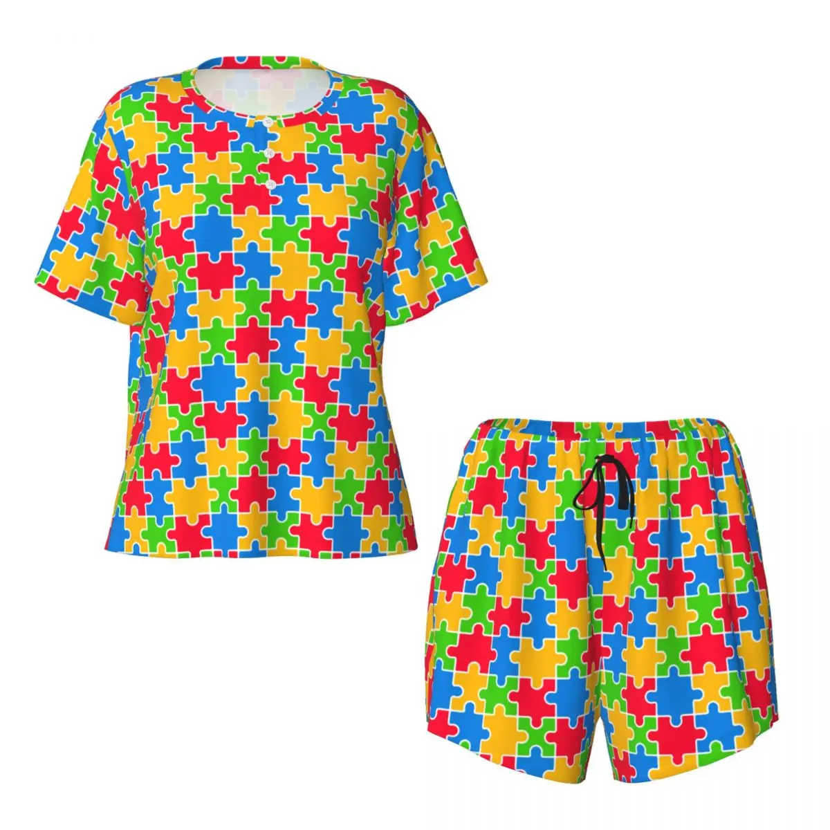 Custom Print Women Colorful Puzzle Autism Awareness Pajamas Set Short Sleeve 2 Piece Sleepwear Pjs Lounge Sets