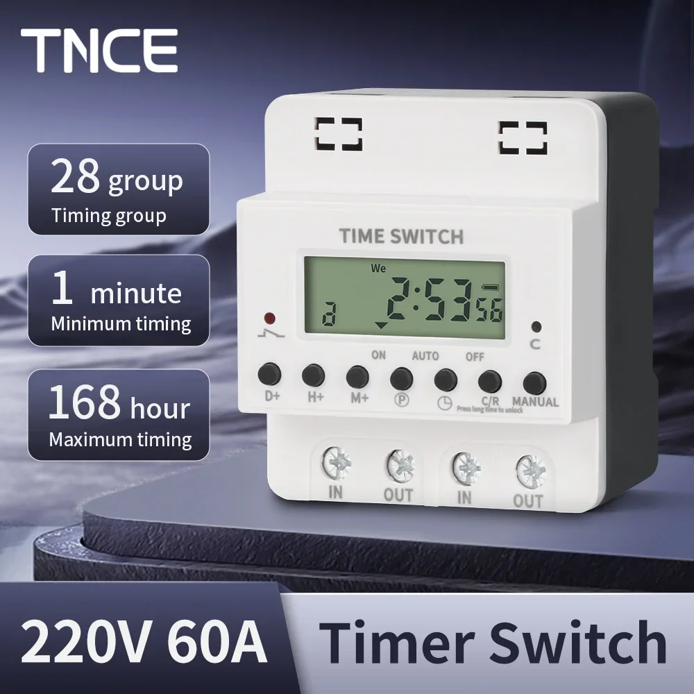 TNCE 60A Timer 220V, big power time control switch, set to seconds, 32 group of timer breaker on and off light, water pump timer