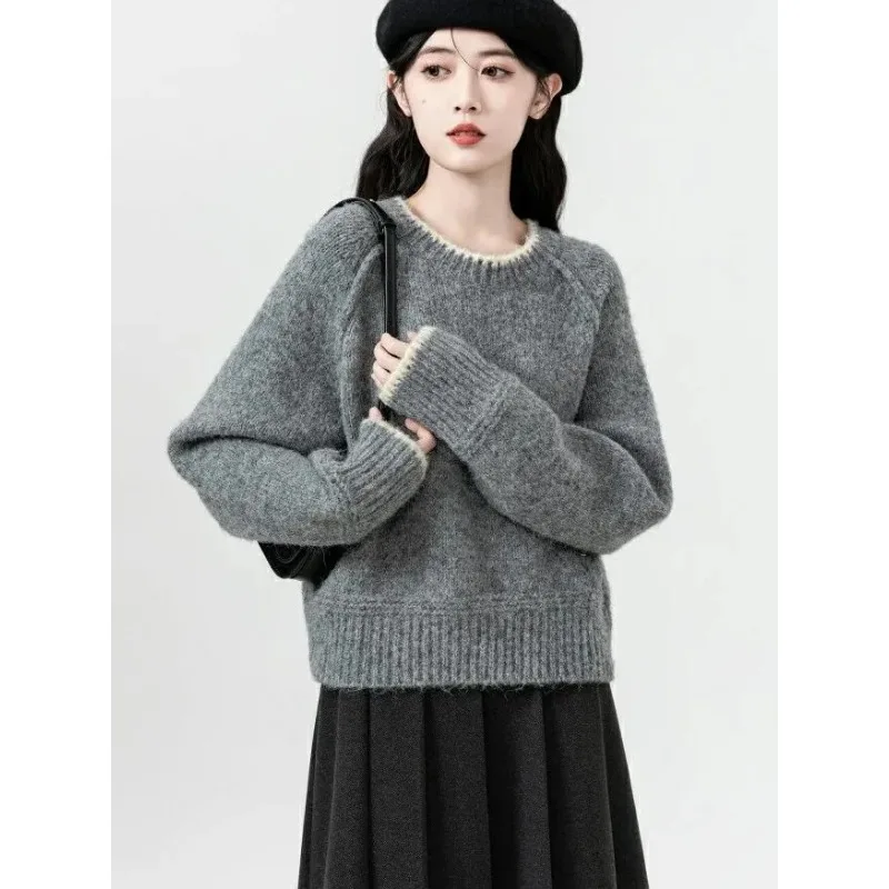 Women Contrast Trim Crew Neck Sweater Loose Cropped Long Sleeve Casual Knit Pullover Tops