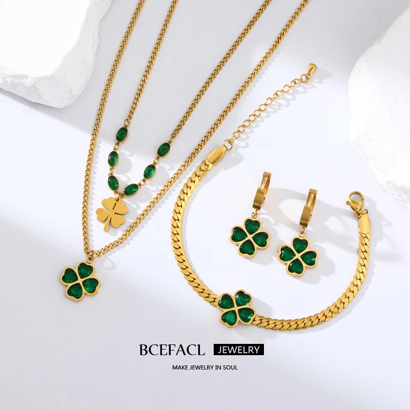 

BCEFACL 316L Stainless Steel Green Leaf Clover Crystal Necklace Bracelets Earrings For Women Fashion Waterproof Jewelry Set Gift