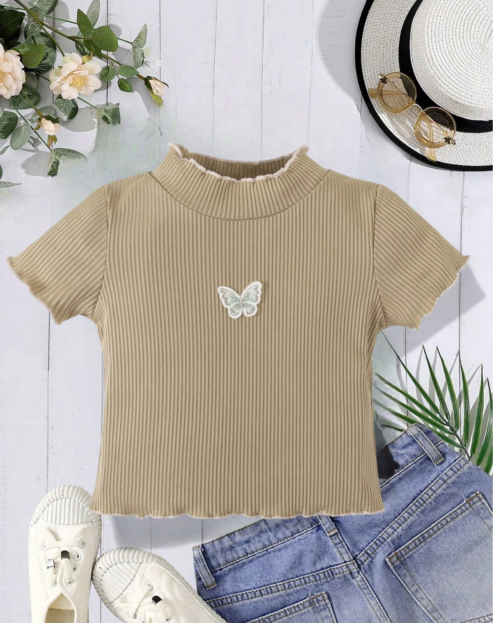 Foreign style summer thin short sleeve T-shirt pit strip breathable comfortable lace round neck butterfly print casual girls