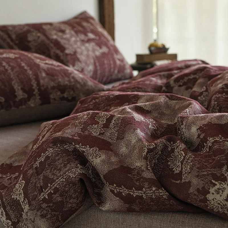 

Vintage Style All-Cotton Jacquard Bed Sheet Quilt Cover Set All Seasons Class Fitted Plant Pattern Yarn-Dyed Four-Piece Bedding