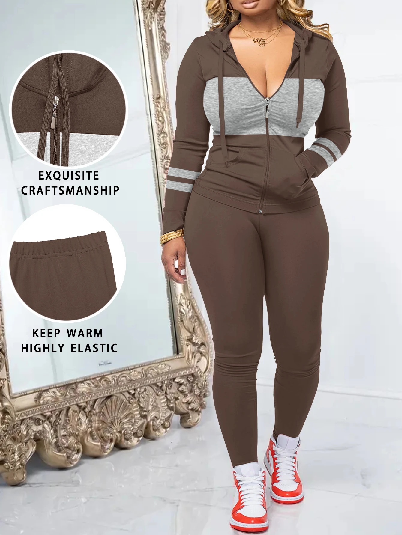 Women's Fashion Color Block Hooded Sporty Set | Classic Solid Color Grey Slim Fit Fitness Two-Piece Set | Zip-Up Sweater + High- - Image 4