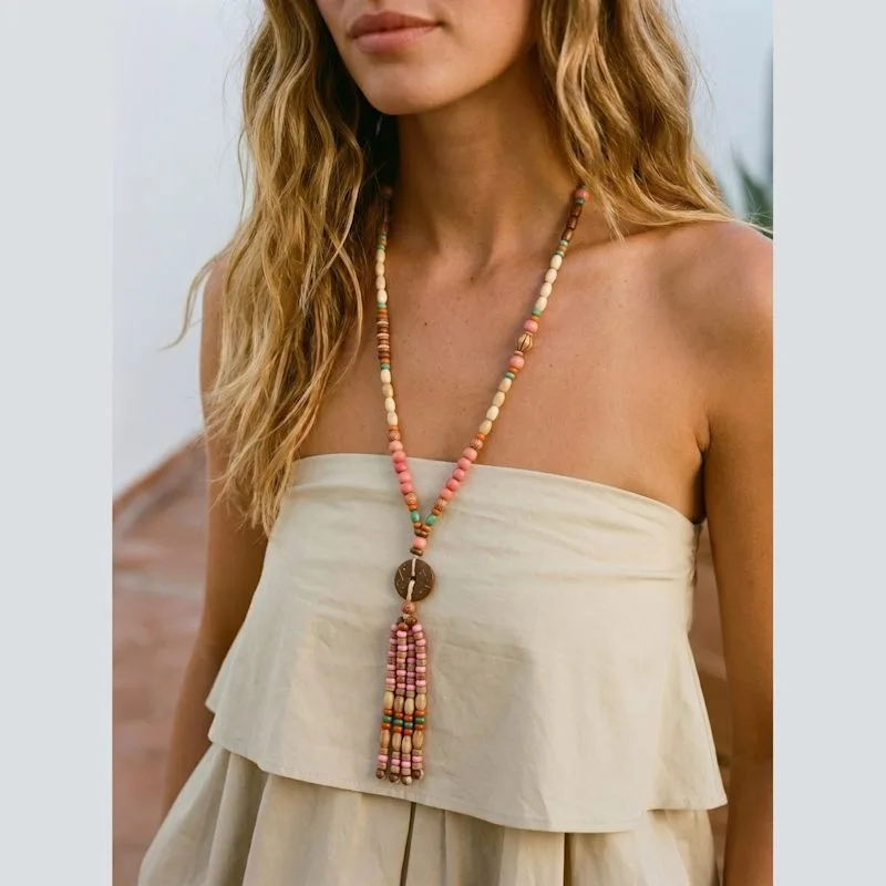 Fashion Summer Beach Dopamine Rainbow Tassel Necklace Vacation Wind Braided Rope Necklace Can Keep Color