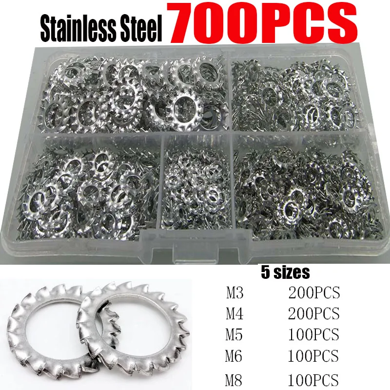 

700pcs Serrated Lock Washer External Tooth M3 M4 M5 M6 M8 Washer Stainless Steel External Toothed Serrated Lock Washer Gasket