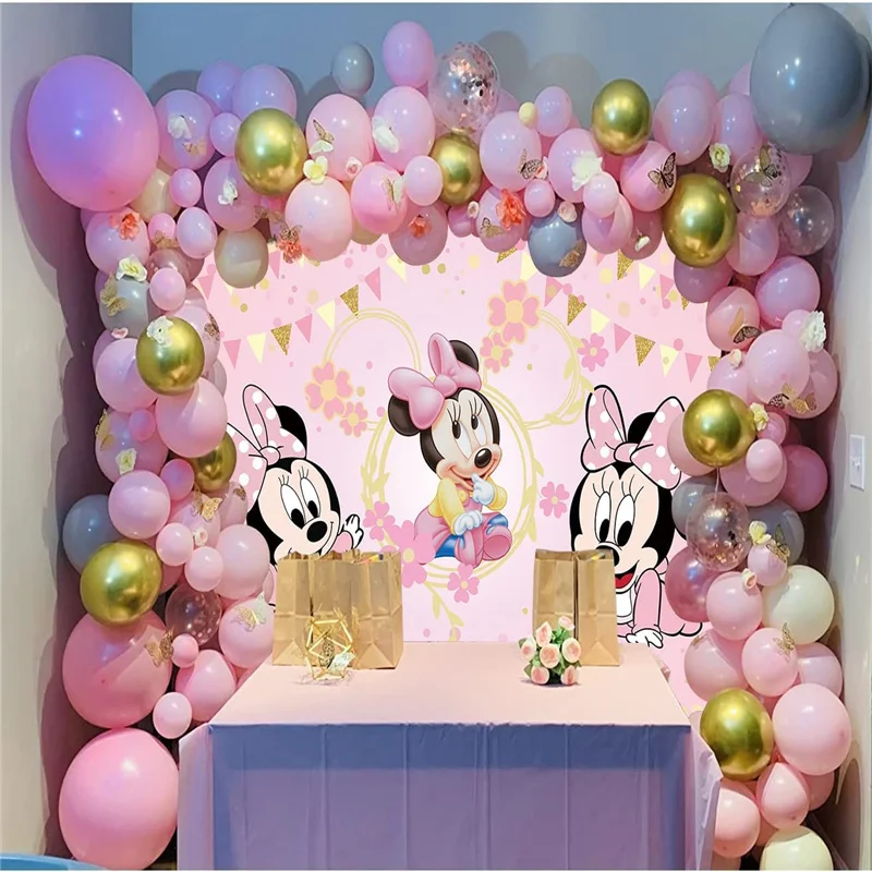 Disney Lovely Pink Minnie Mouse Theme Party Backdrop Cartoon Decoration Girls Birthday Party Pink Glitter Photography Background