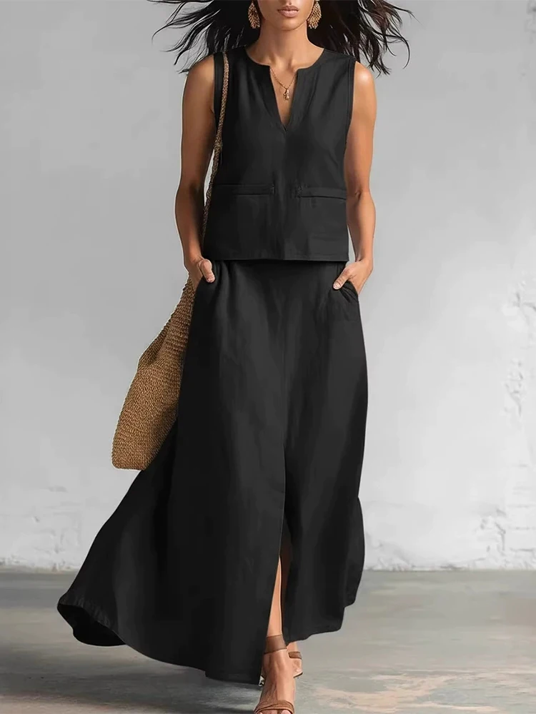 

Simple and comfortable commuting street style set V-neck sleeveless top and slanted pocket skirt summer casual new two-piece set