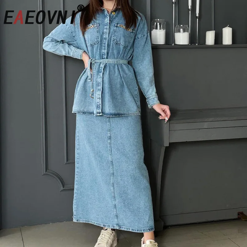 

EAEOVNI Blue Denim Women 2 Piece Set Fashion Lapel Collar Long Sleeve Belt Tops A Line Skirt Casual 2026 Spring New Clothing