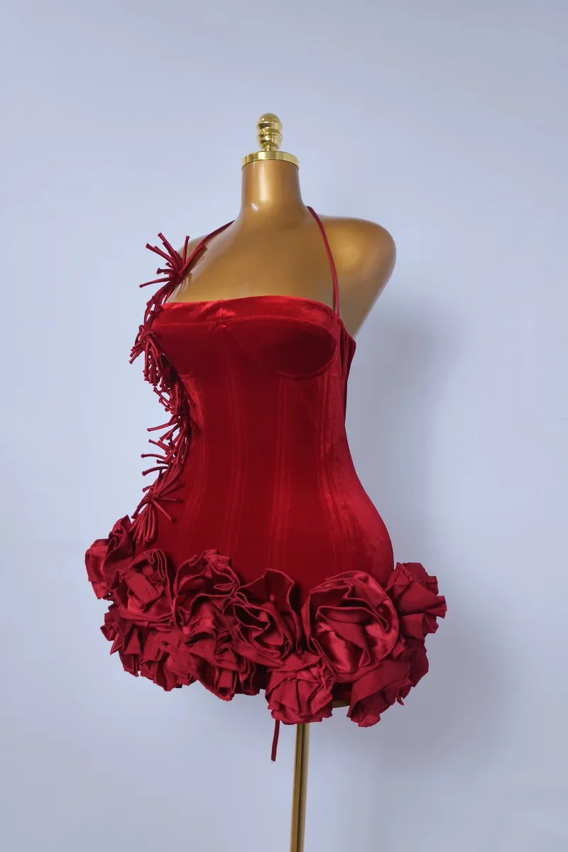 Womens Brithday Evening Dress Red Black Flower Festival Prom Dresses 2025 Summer New Sexy Strapless Halter Cocktail Party Dress