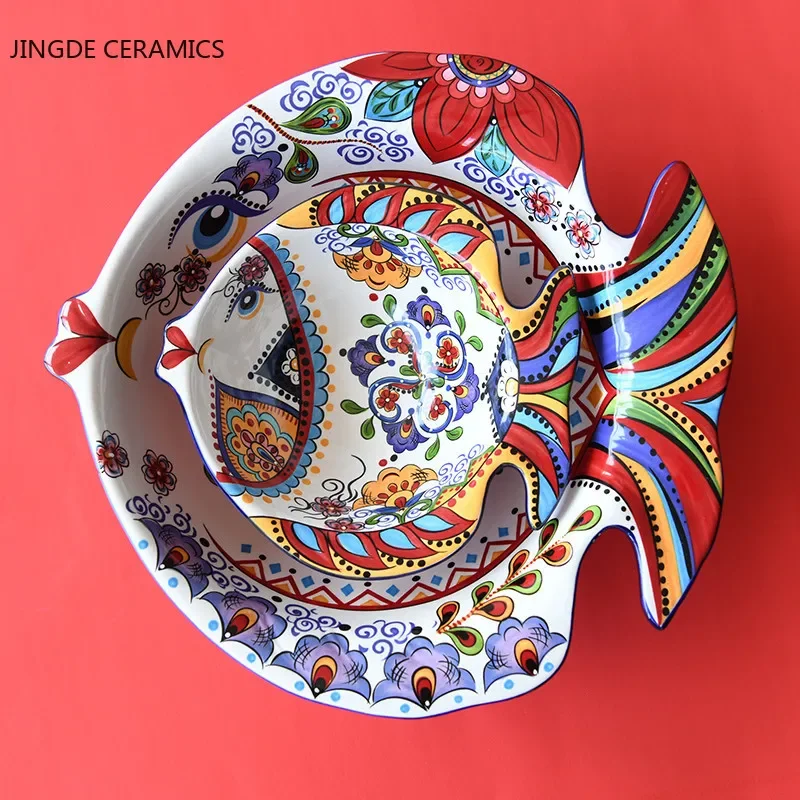 

Creative hand-painted ceramic dish home kitchen tableware fish-shaped salad dessert cake bowl cute home fruit decoration plate