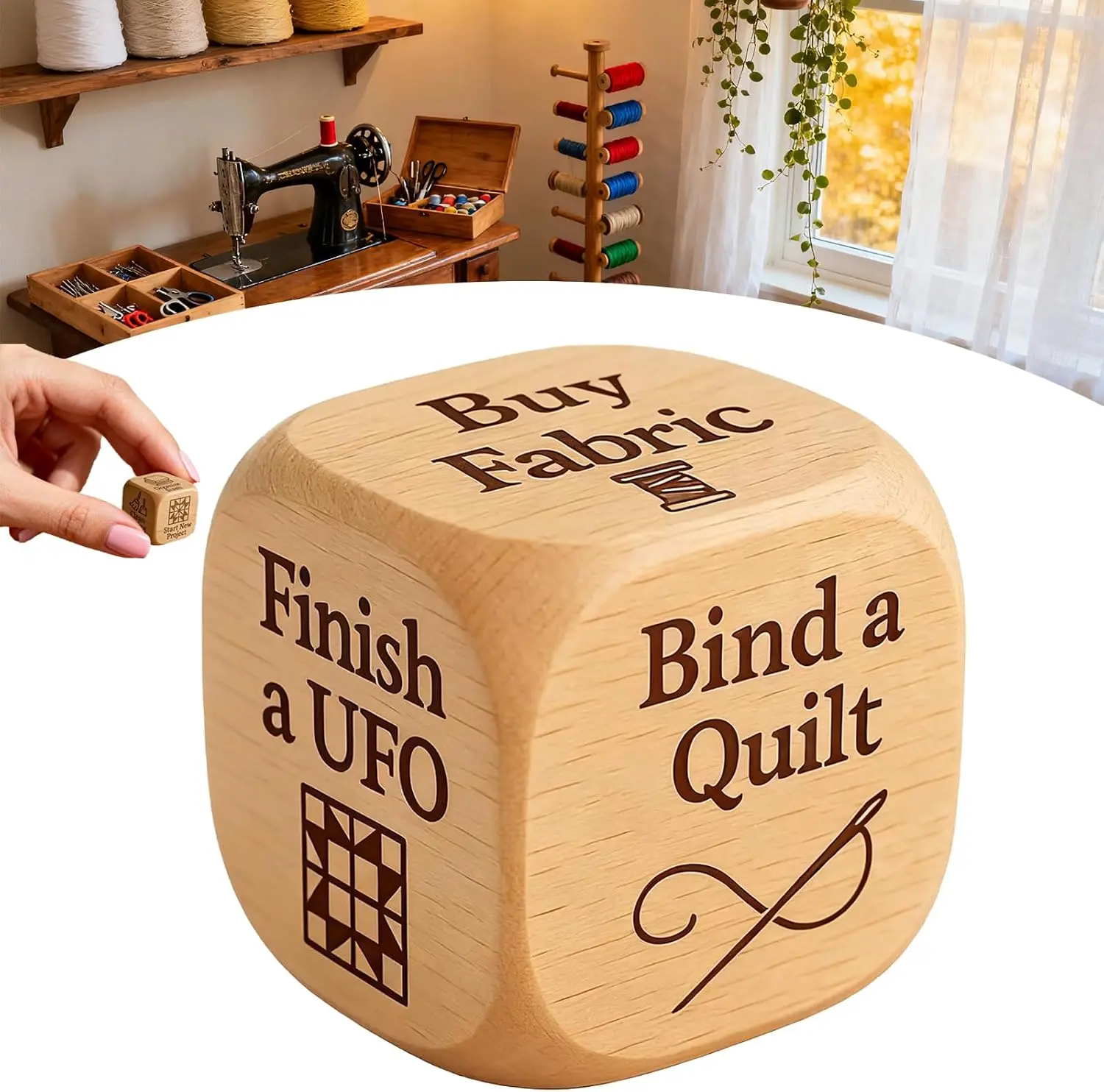 1 Pc Quilter’s Decision Dice, Handmade Wooden 6‑Sided Design, With 6 Engraved Quilting Tasks, Fun Creative Tool