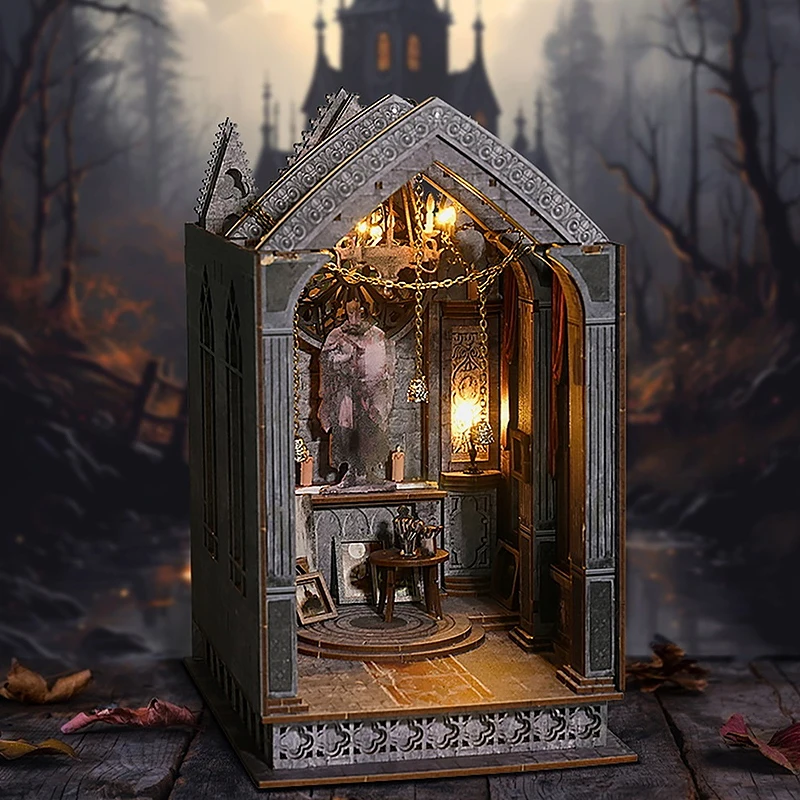 Bookshelf Set Micro Assembly Model Gothic Architecture Doll House DIY Handmade Toy Set with Lights For Adult Biethday Gifts