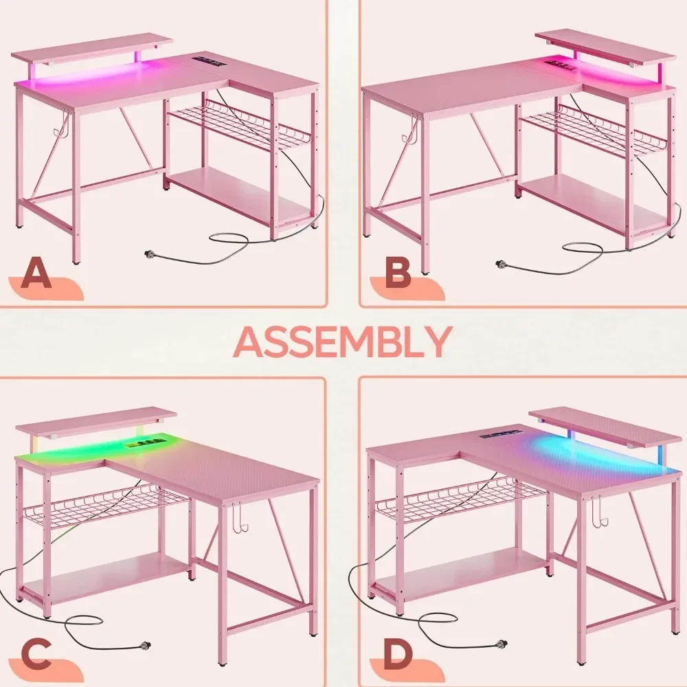 Hot Sales Gaming Desk With Power Outlets,42 LED Small Corner Computer Desk Reversible Storage,L Shaped Desk With Desk,Pink Carbo